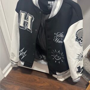 Varsity Letterman Jacket in Black & White with Graphic Patches
